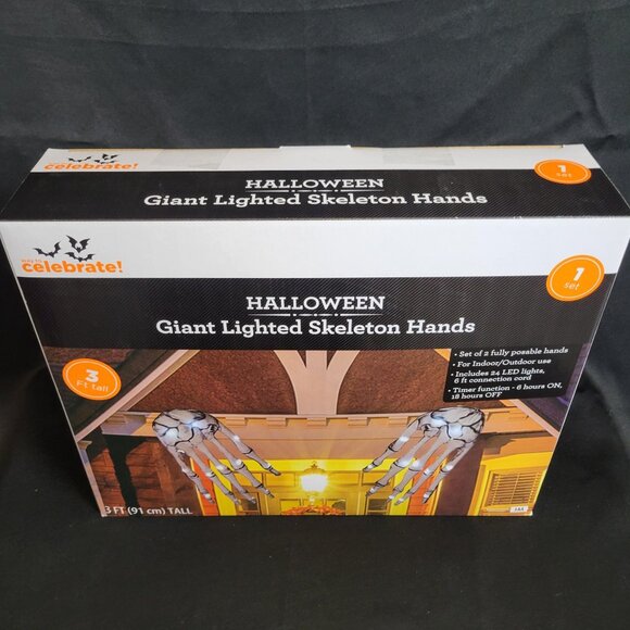 3ft Giant Lighted Skeleton Hands House Decor Halloween New In Box Posable Timer - Picture 4 of 6